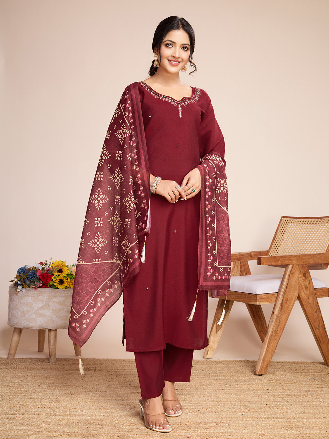 Pure Roman Silk maroon kurti set