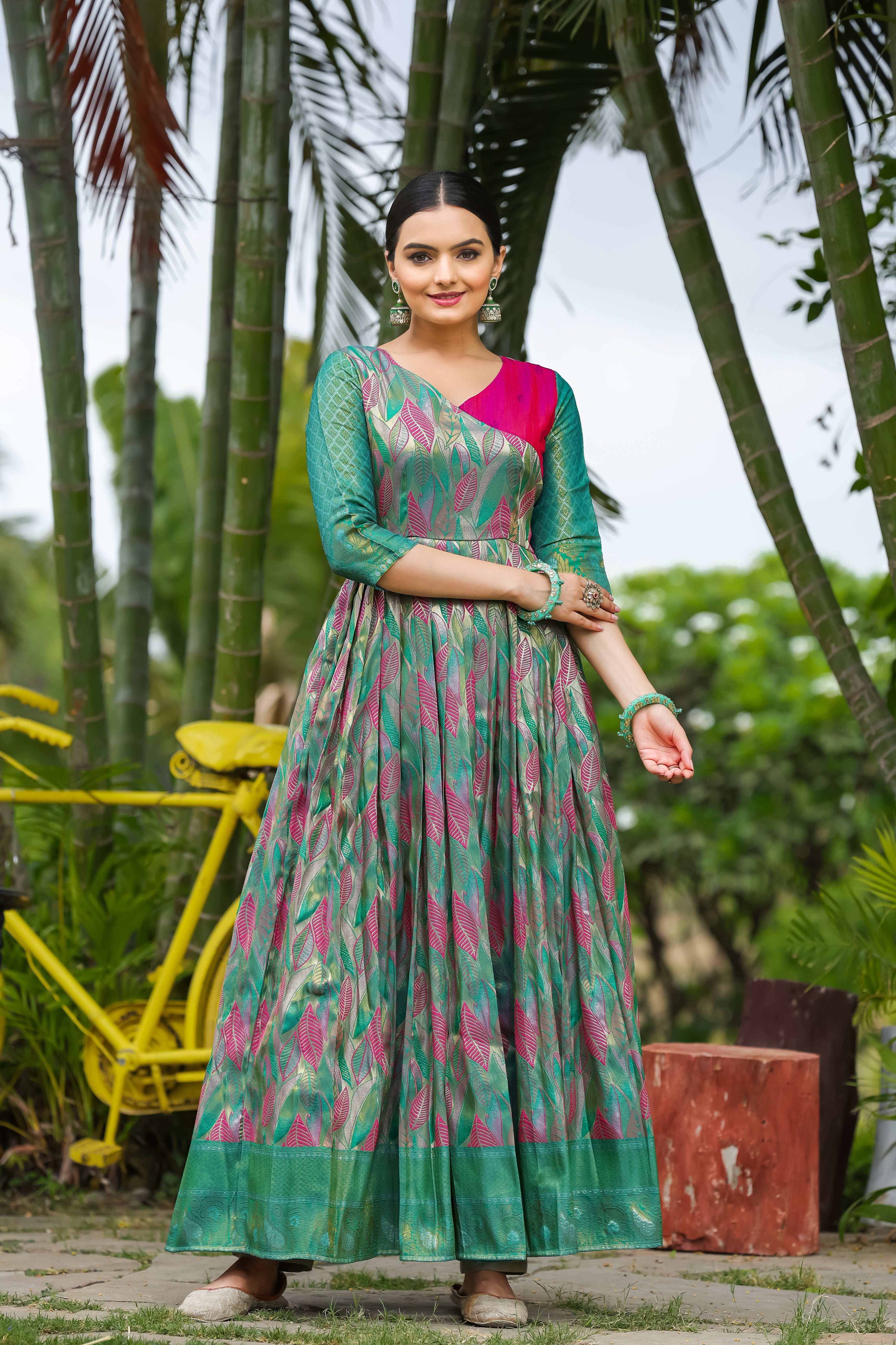 "Anushka – Banarasi Soft Silk Gown with Copper Weaving & Side Zipper"