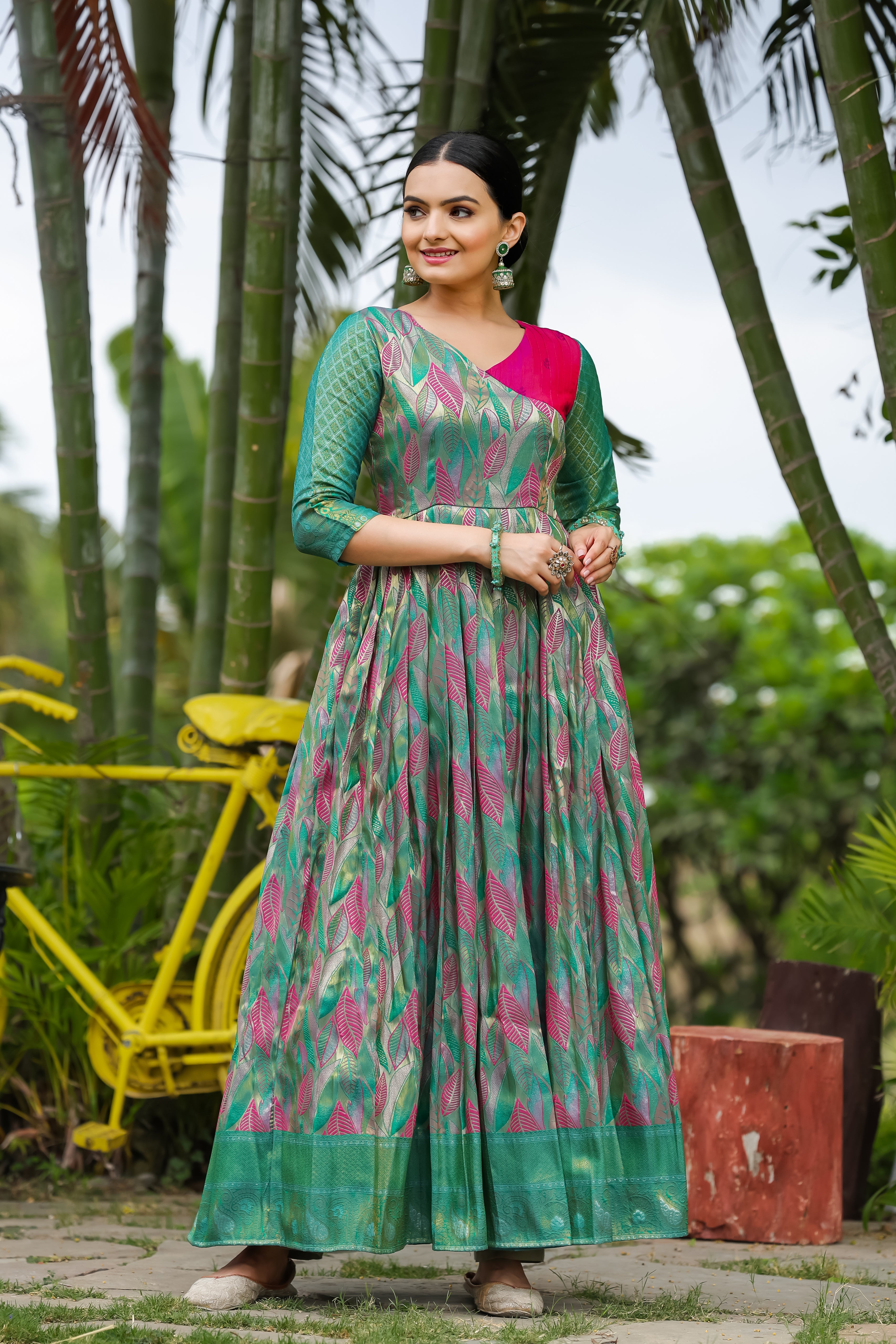 "Anushka – Banarasi Soft Silk Gown with Copper Weaving & Side Zipper"