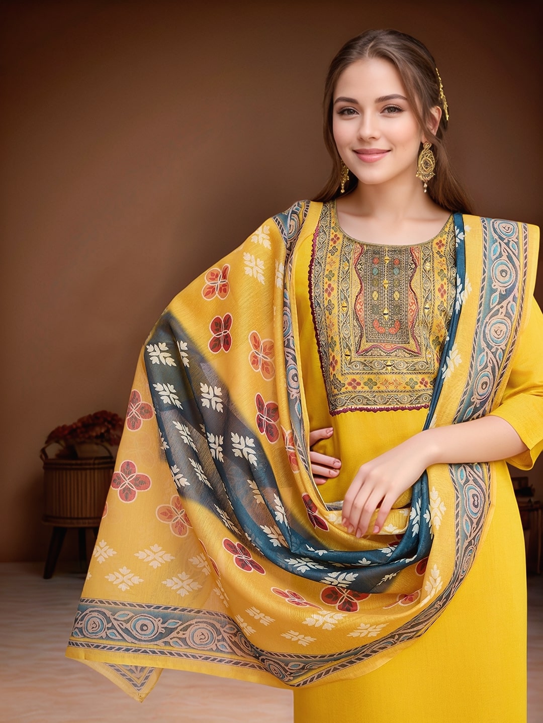 Pure Roman Silk yellow kurti set