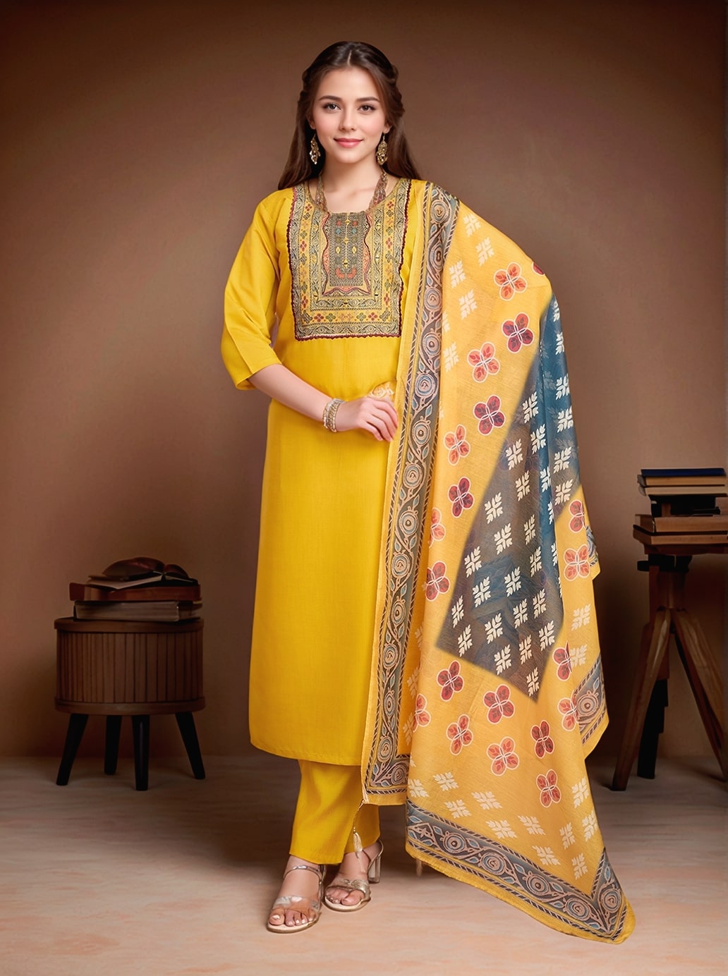 Pure Roman Silk yellow kurti set