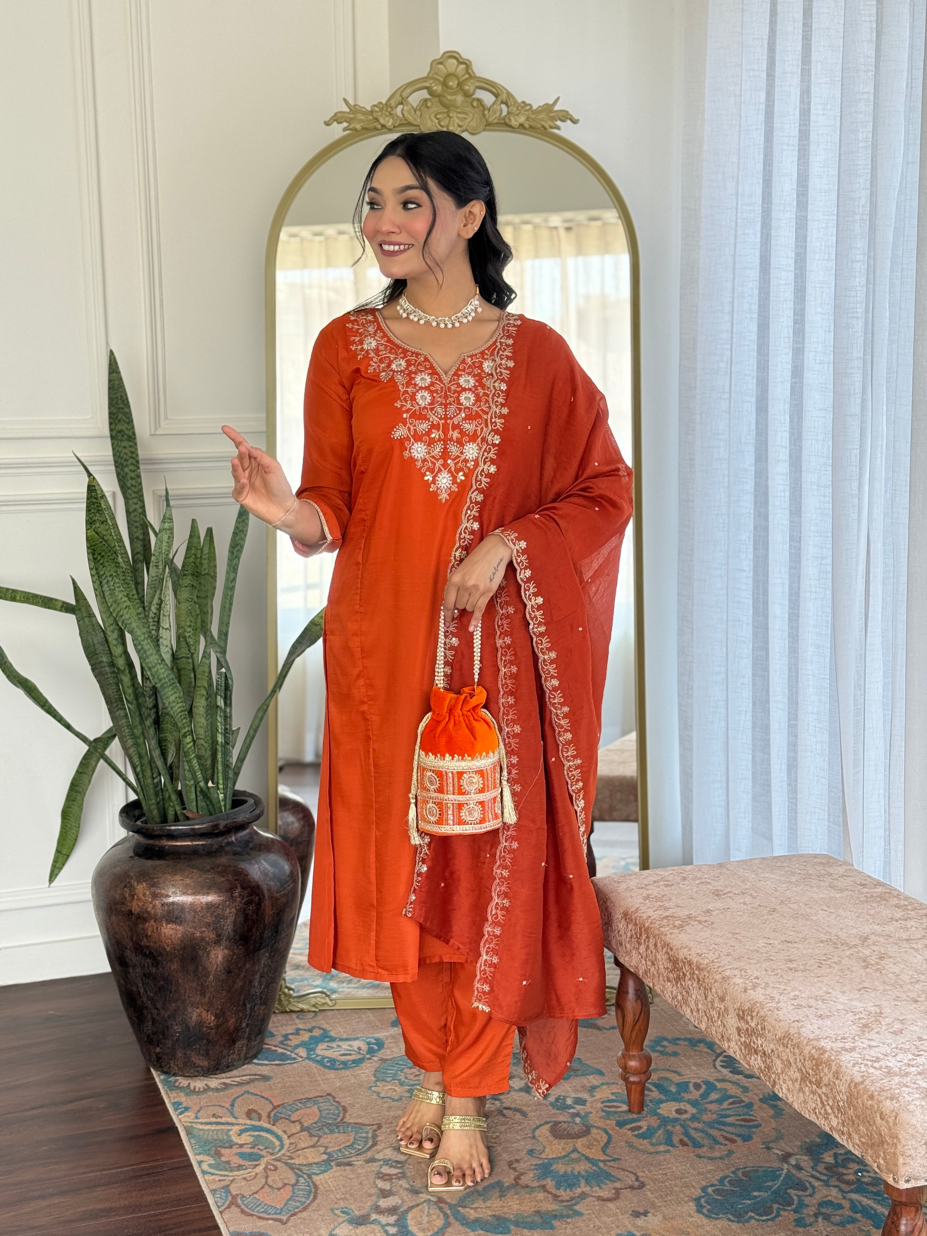 Embroidered Viscose Chinon Kurta Set with Dyable Pants & Chanderi Cotton Dupatta