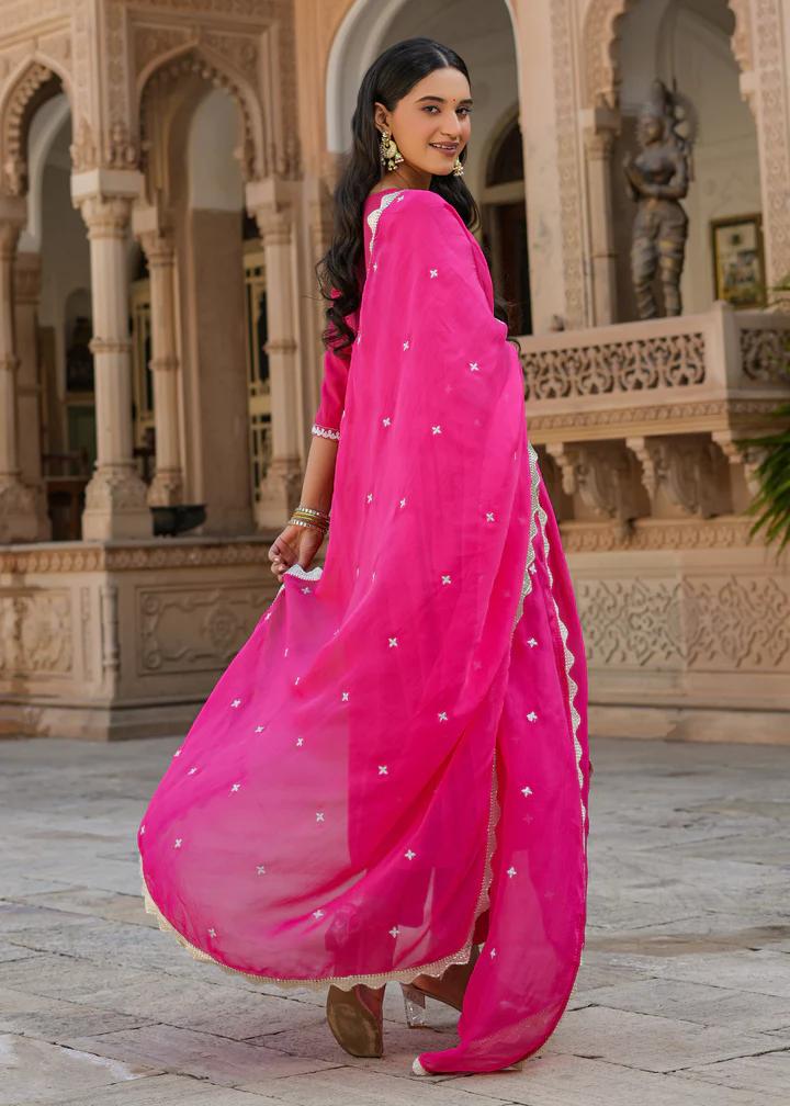 "Aanchal – Elegant Chanderi Embroidered Suit Set with Organza Grace"