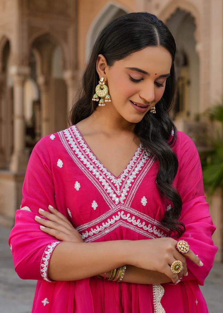 "Aanchal – Elegant Chanderi Embroidered Suit Set with Organza Grace"