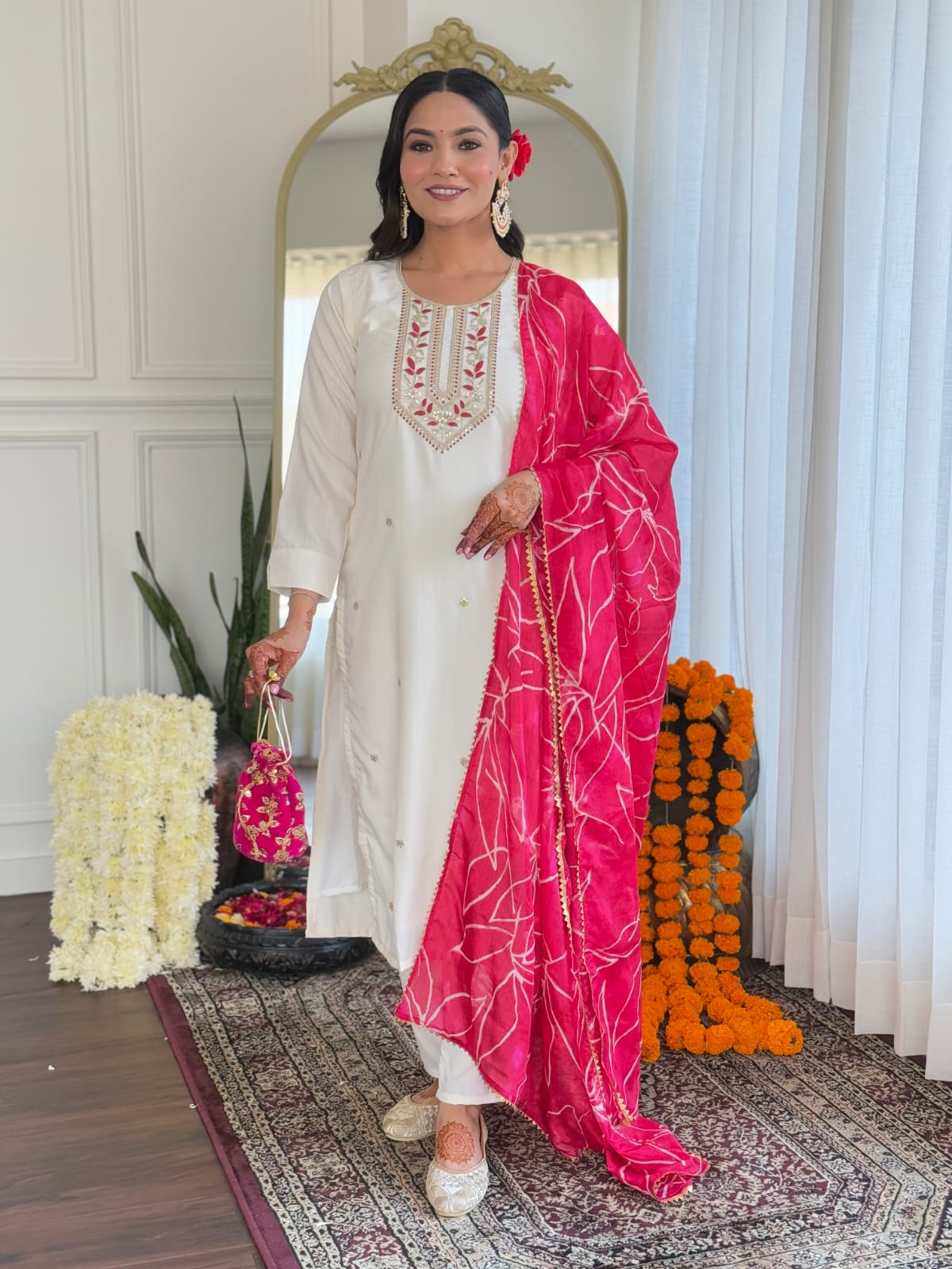 "Deval – Embroidered Reyon Slub Kurta Set with Chinon Foil Printed Dupatta"
