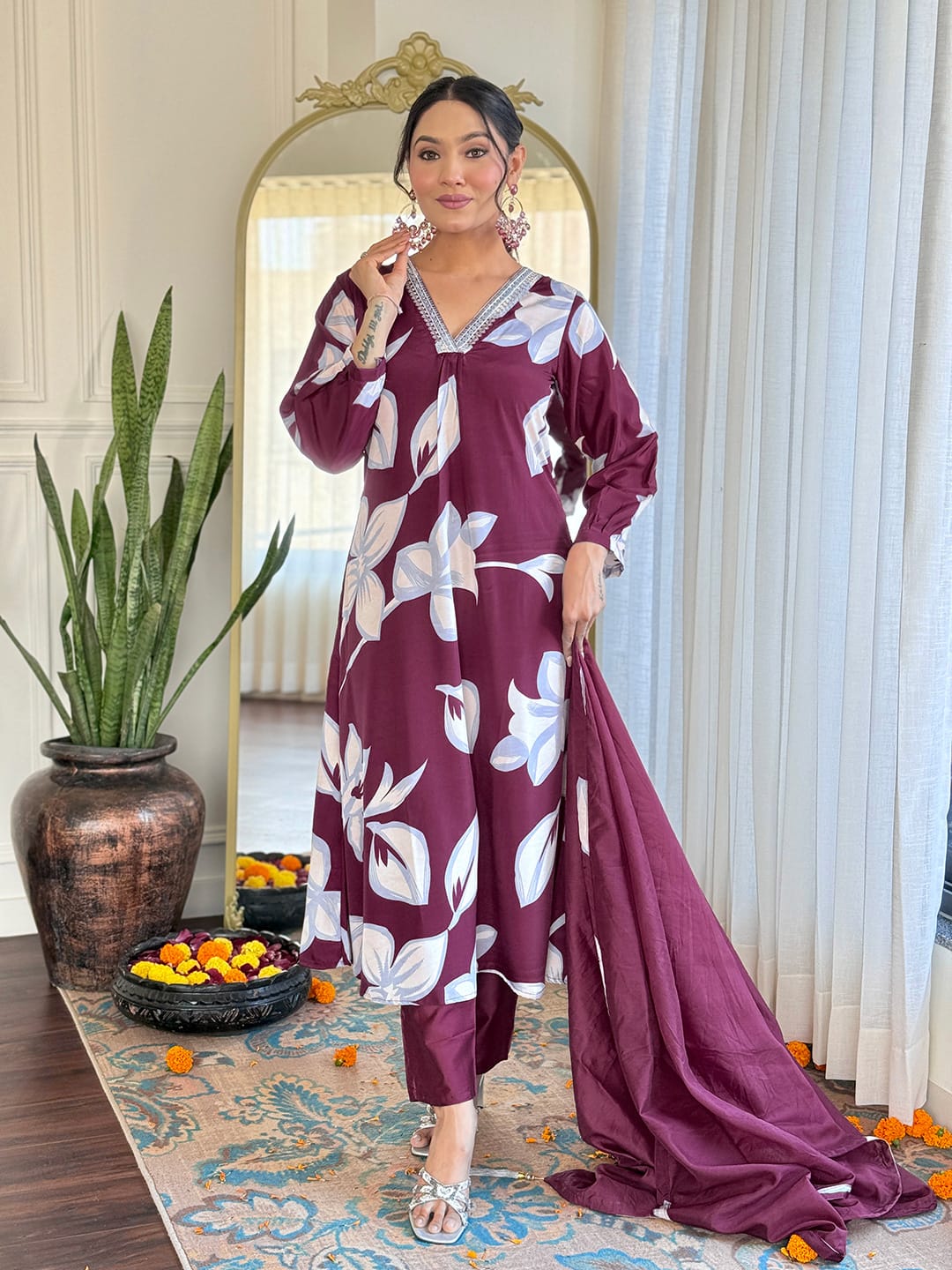 "Gulmohar – Embroidered French Crepe Kurta Set with Chanderi Silk Pants & Dupatta"