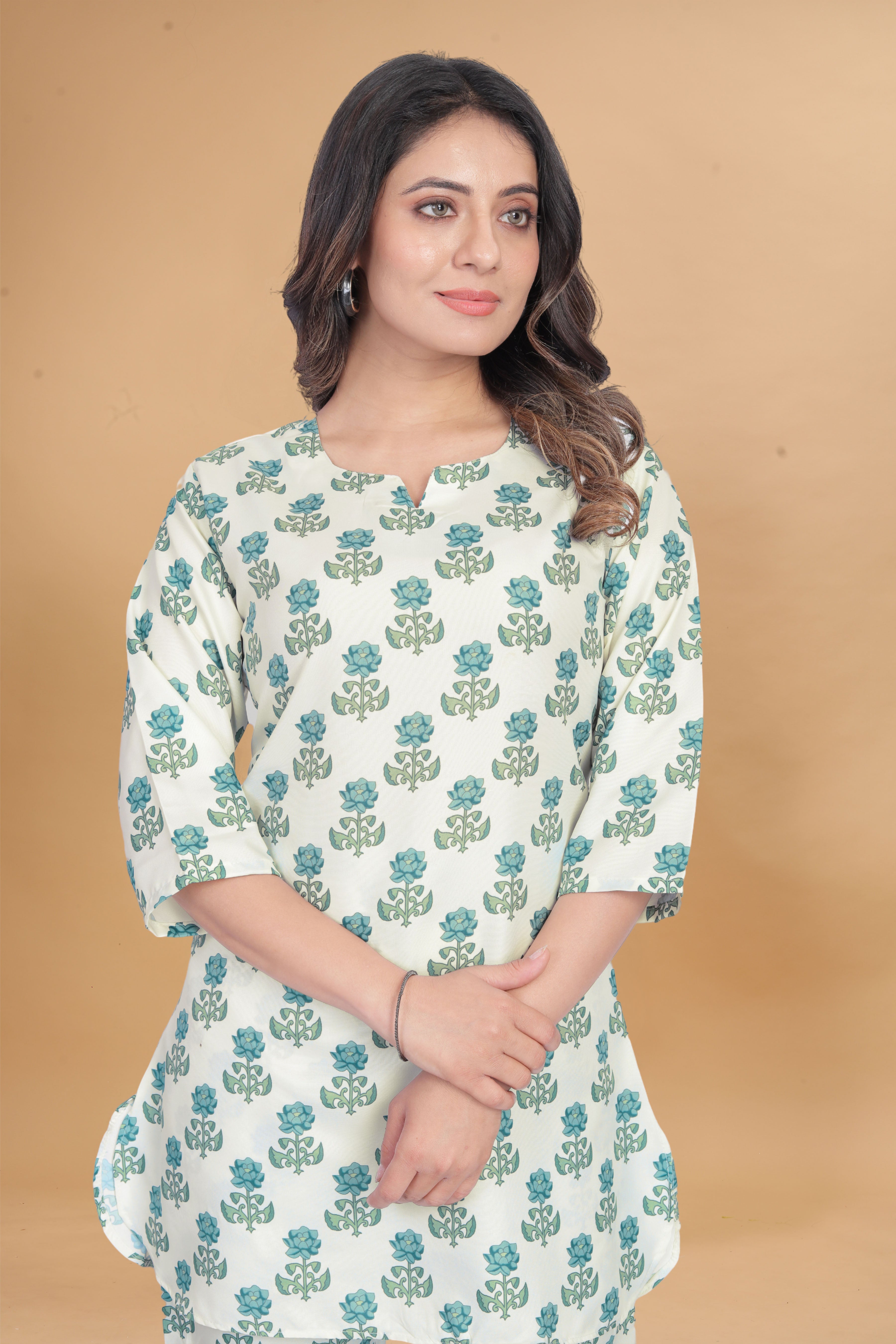 Cotton Rayon white printed Ready To wear Co-Ords Set