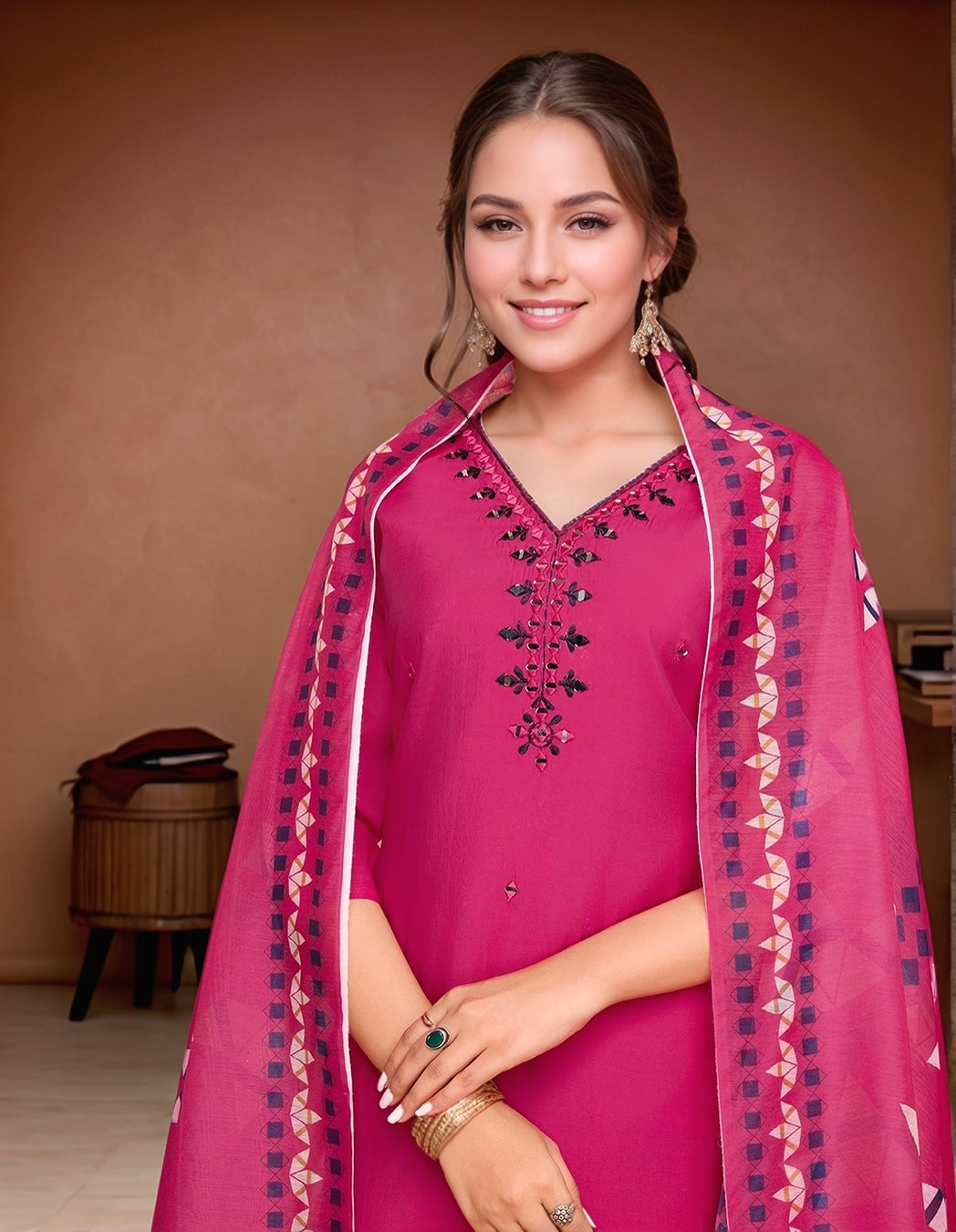 Pure Roman Silk pink mirron work kurti set