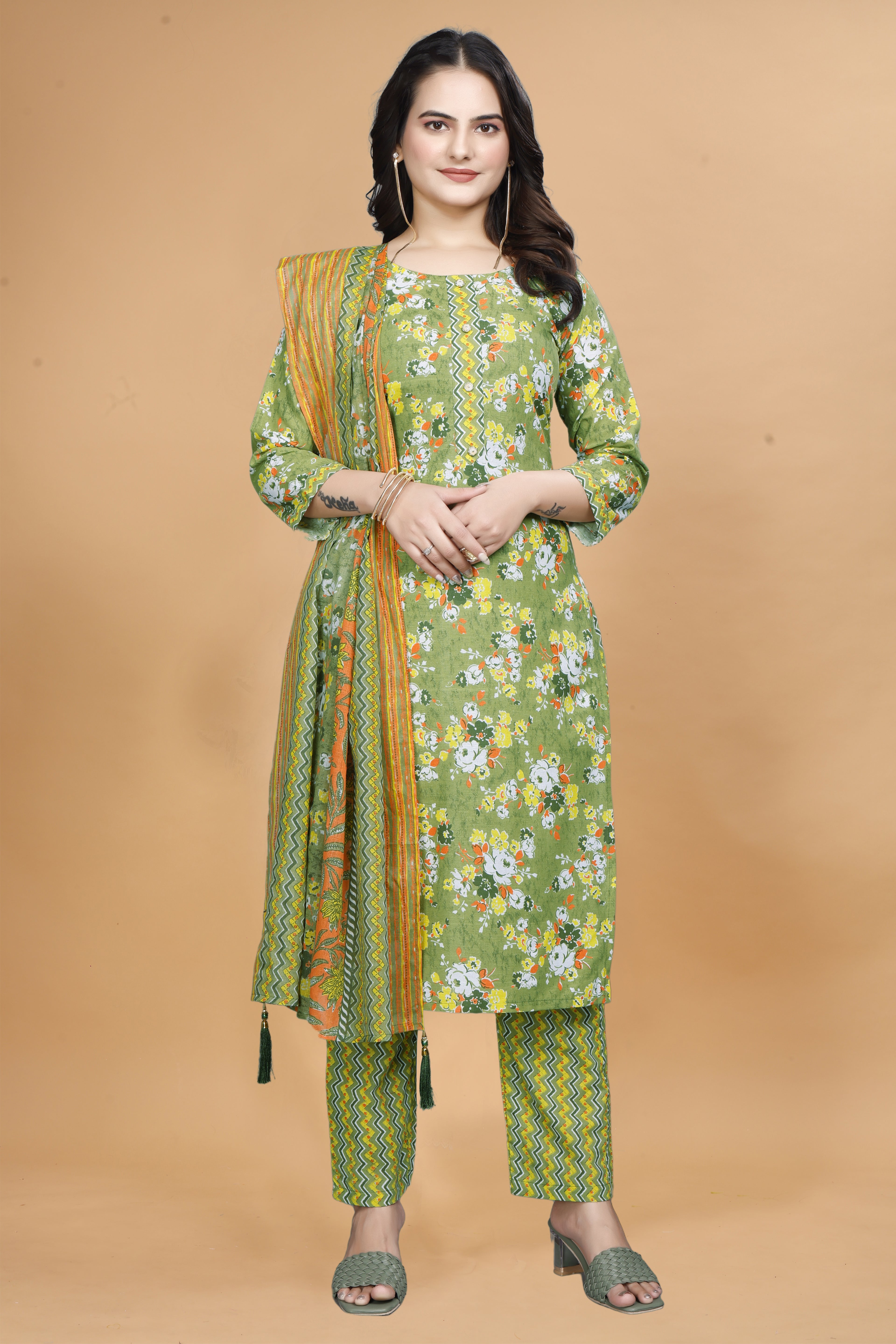 Cotton one pocket green Kurti set