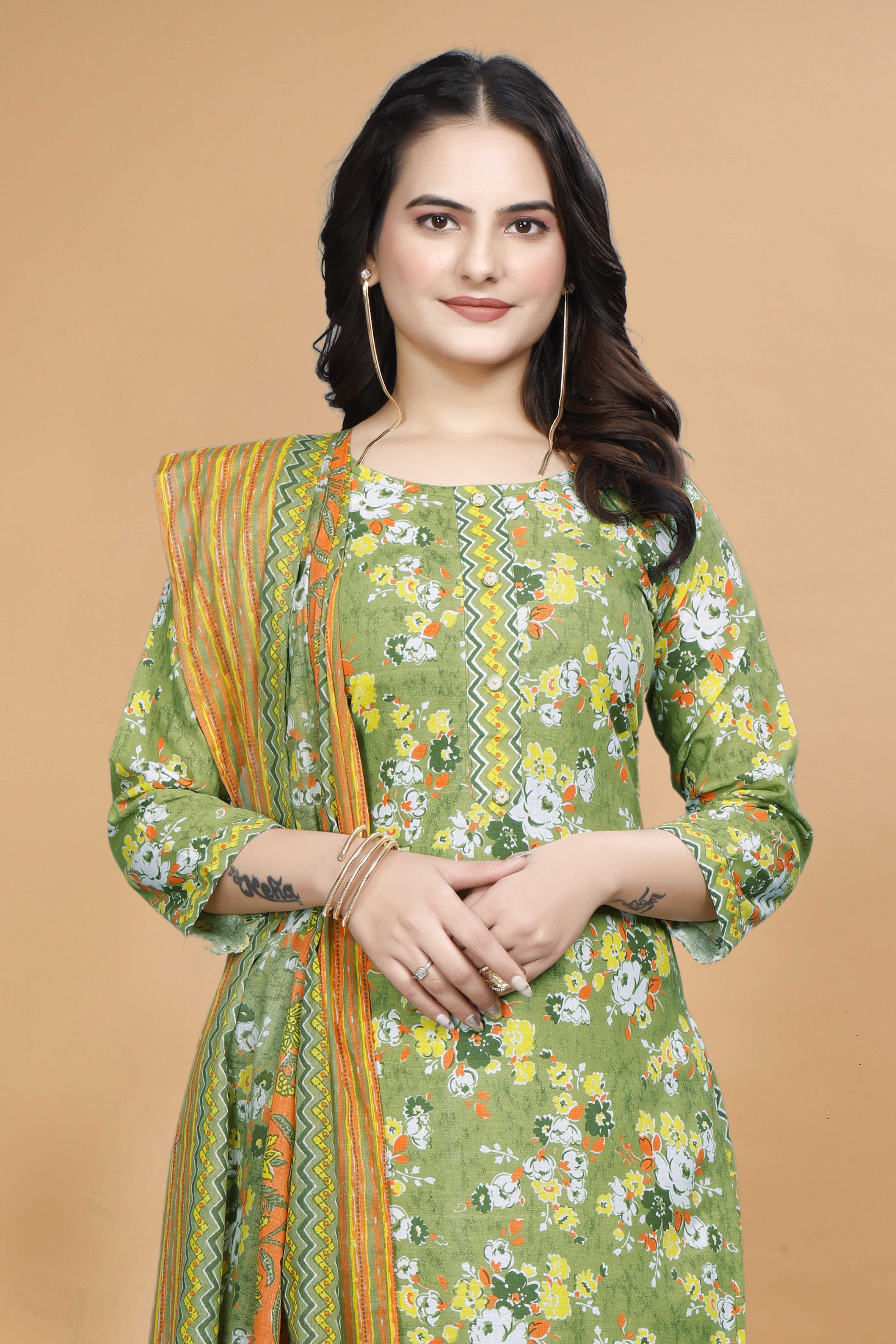Cotton one pocket green Kurti set