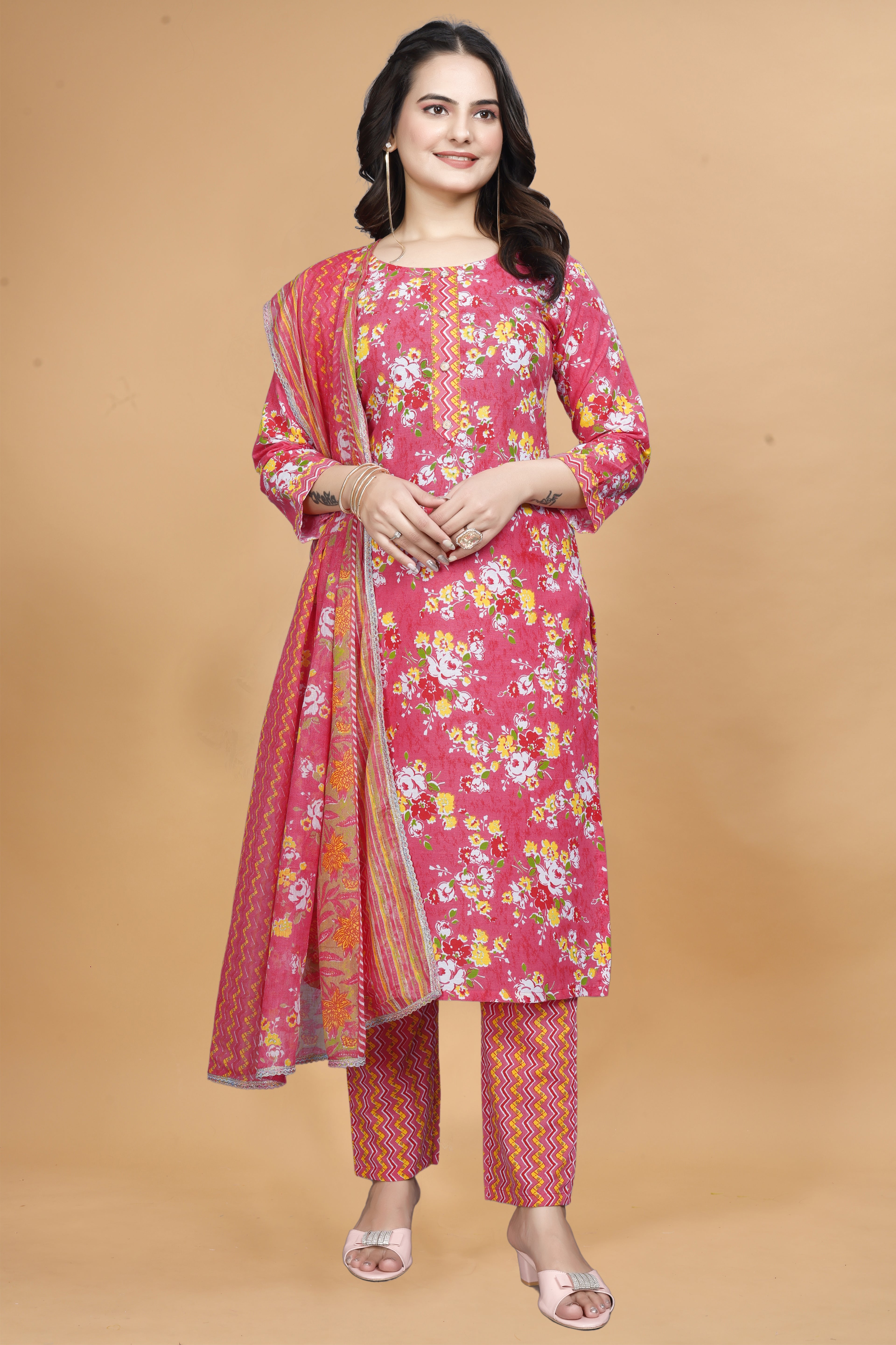 Cotton one pocket pink kurti set