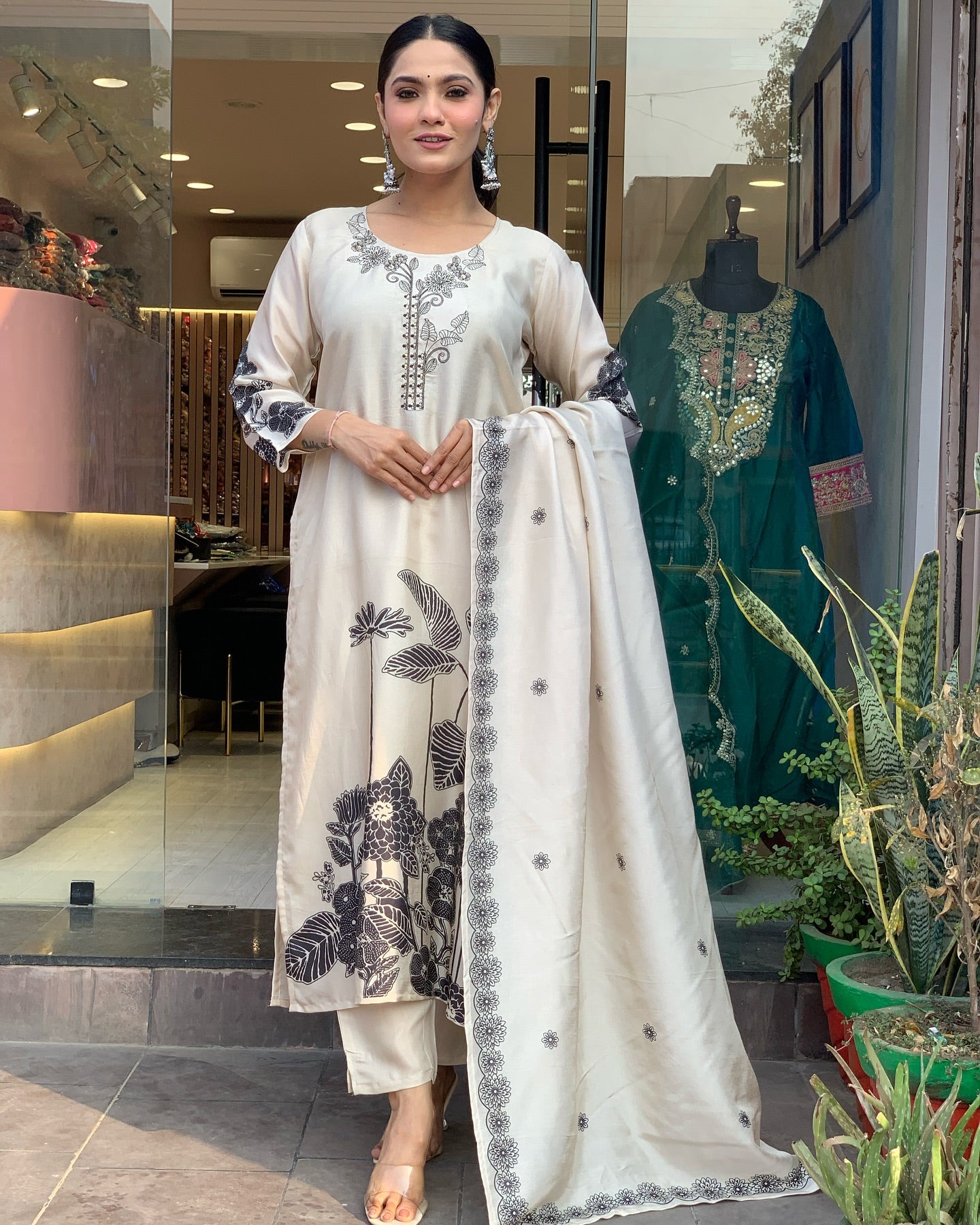 "Embroidered Chinnon Silk Kurta Set with Gadhwal Pants & Printed Dupatta"