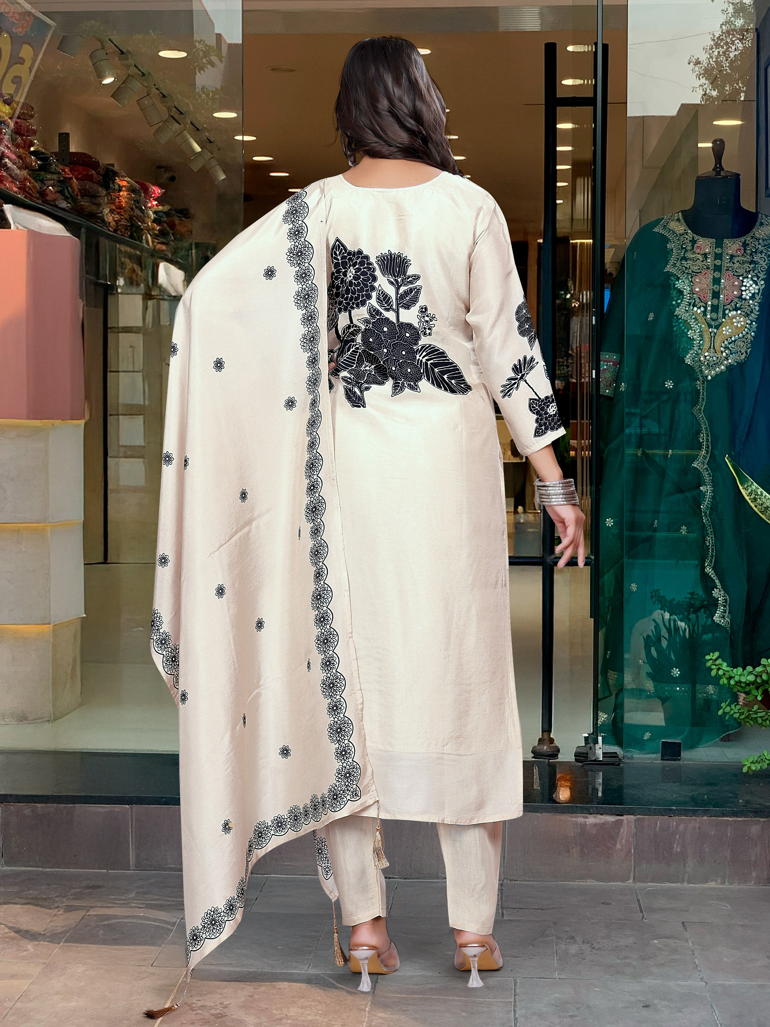 "Embroidered Chinnon Silk Kurta Set with Gadhwal Pants & Printed Dupatta"