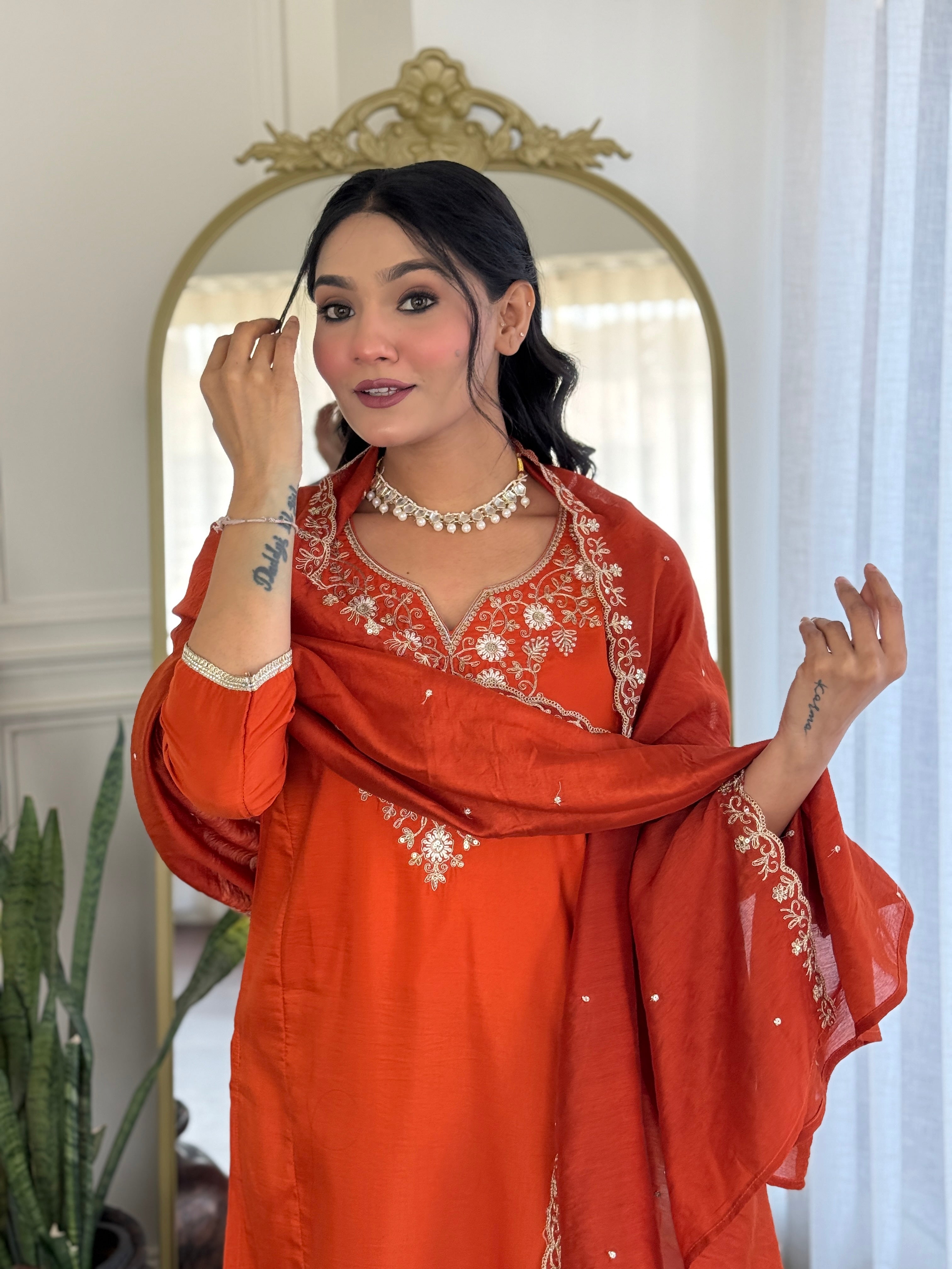 Embroidered Viscose Chinon Kurta Set with Dyable Pants & Chanderi Cotton Dupatta