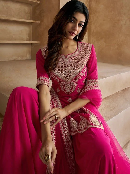 Chic Georgette Short Kurti Sharara Set with Embroidered Butter Net Dupatta – 3-Piece Ensemble