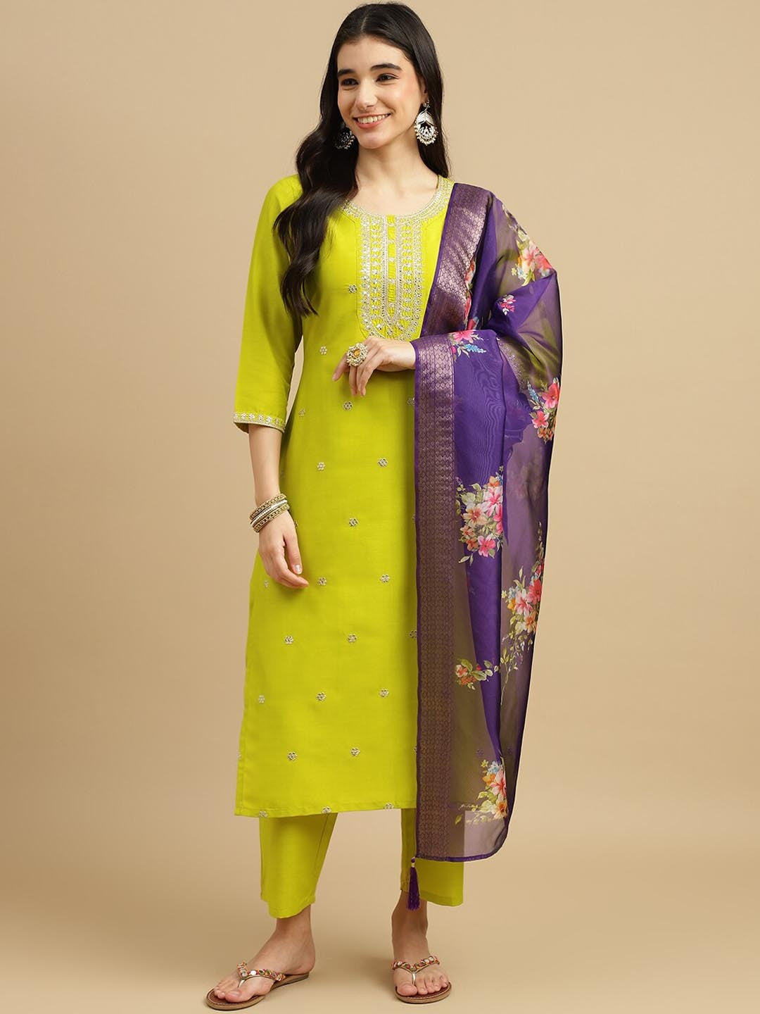 "Diya – Embroidered Chinon Kurta Set with Floral Organza Jacquard Dupatta"