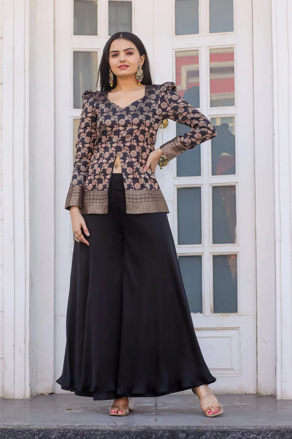 "Silk Peplum & Satin Georgette Palazzo Set with Puffed Sleeves"