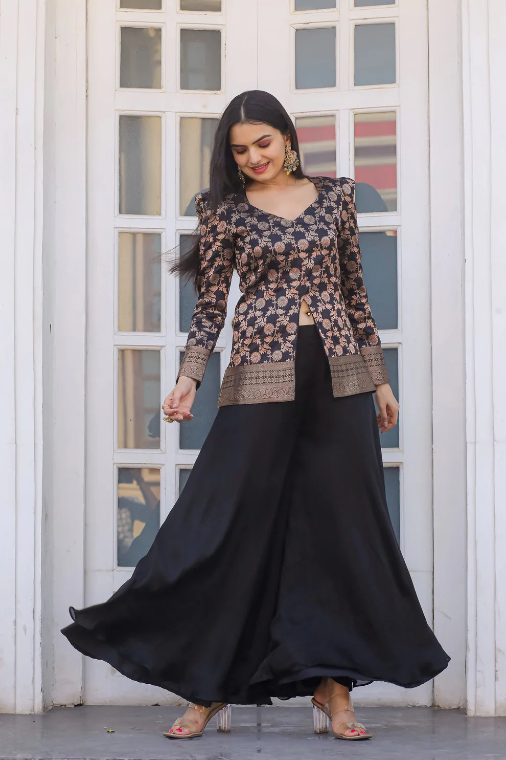 "Silk Peplum & Satin Georgette Palazzo Set with Puffed Sleeves"