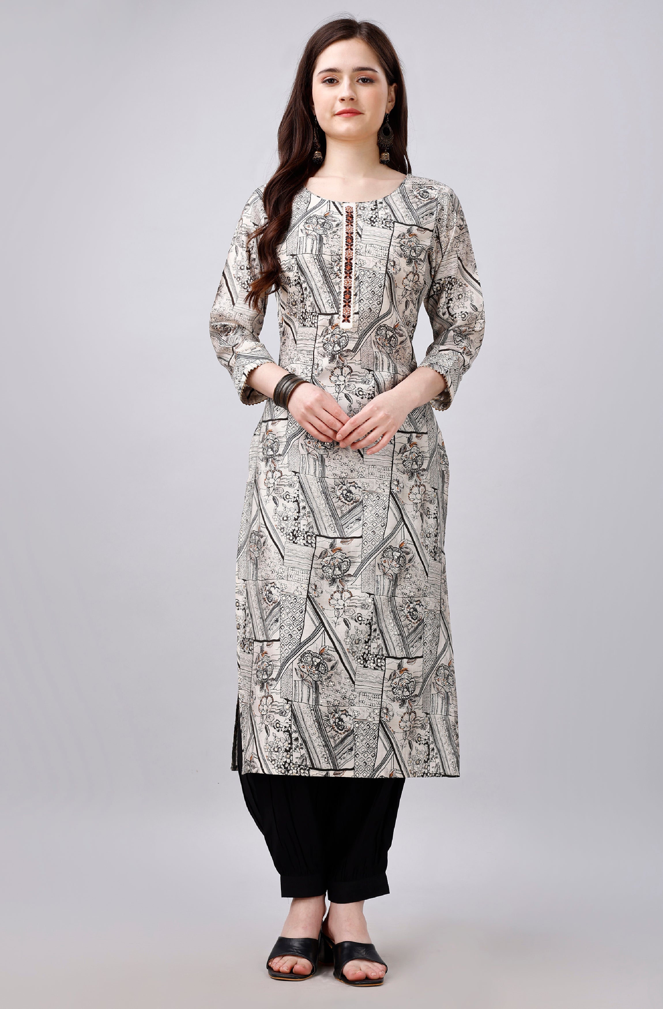 "White Abstract Printed Gota Patti Kurta with Black Afghani Salwar (Set of 2)"