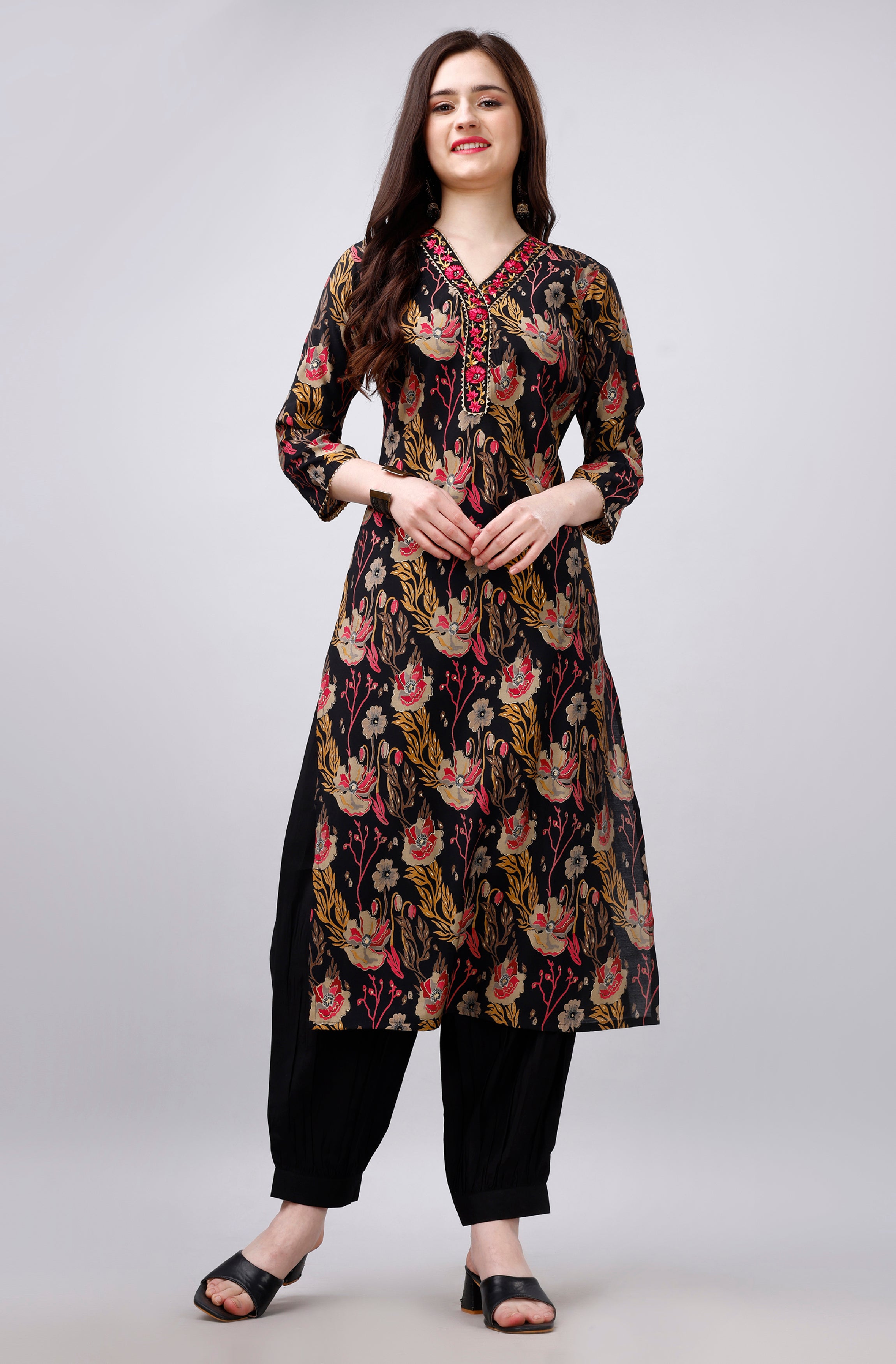 "Black Floral Printed Gota Patti Kurta with Matching Afghani Salwar (Set of 2)"