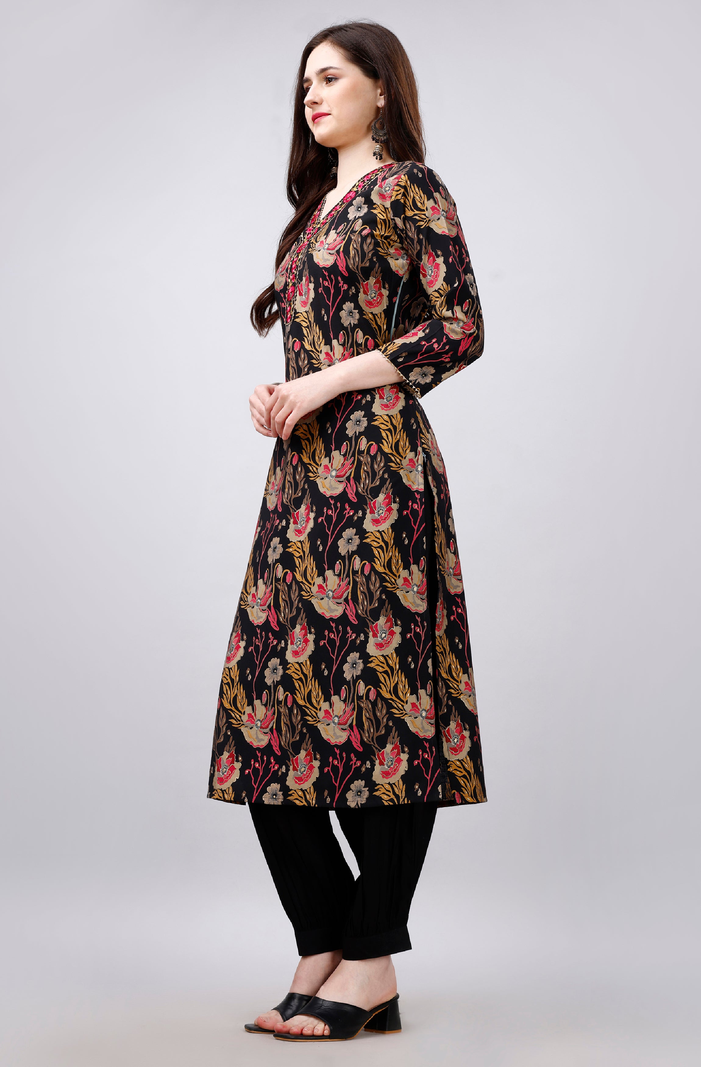 "Black Floral Printed Gota Patti Kurta with Matching Afghani Salwar (Set of 2)"