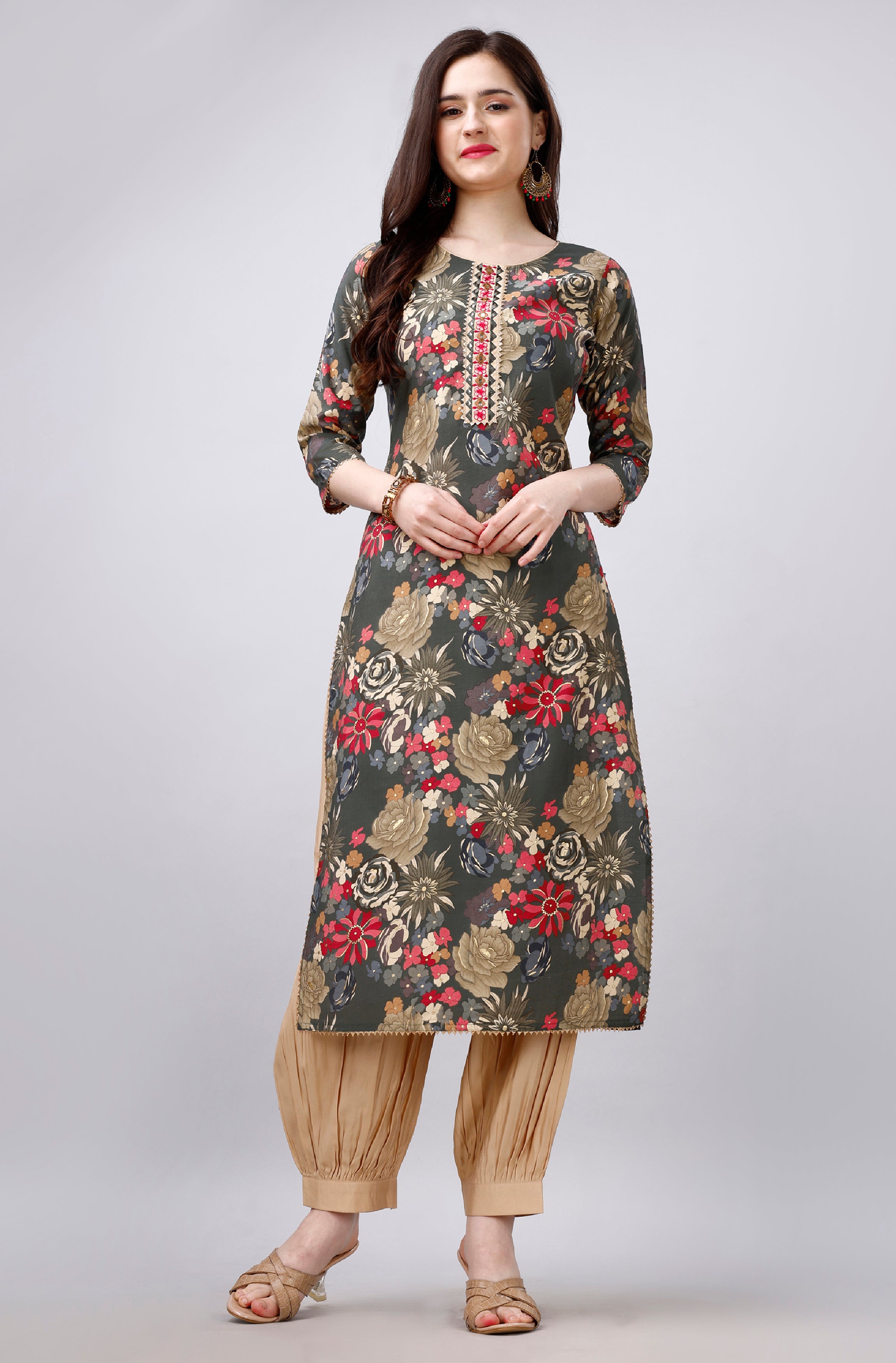 "Green Floral Printed Gota Patti & Mirror Work Kurta with Beige Afghani Salwar (Set of 2)"
