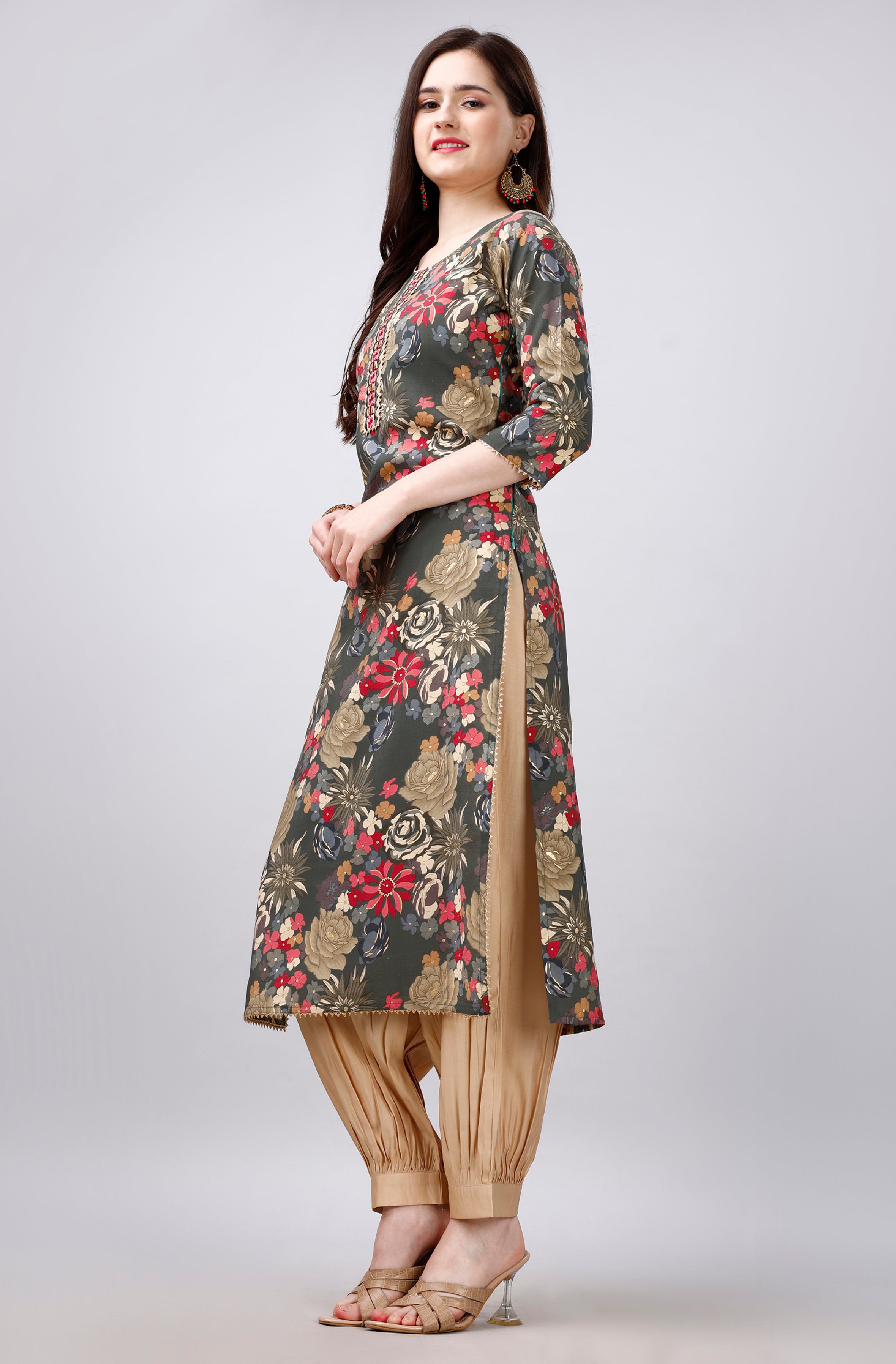 "Green Floral Printed Gota Patti & Mirror Work Kurta with Beige Afghani Salwar (Set of 2)"