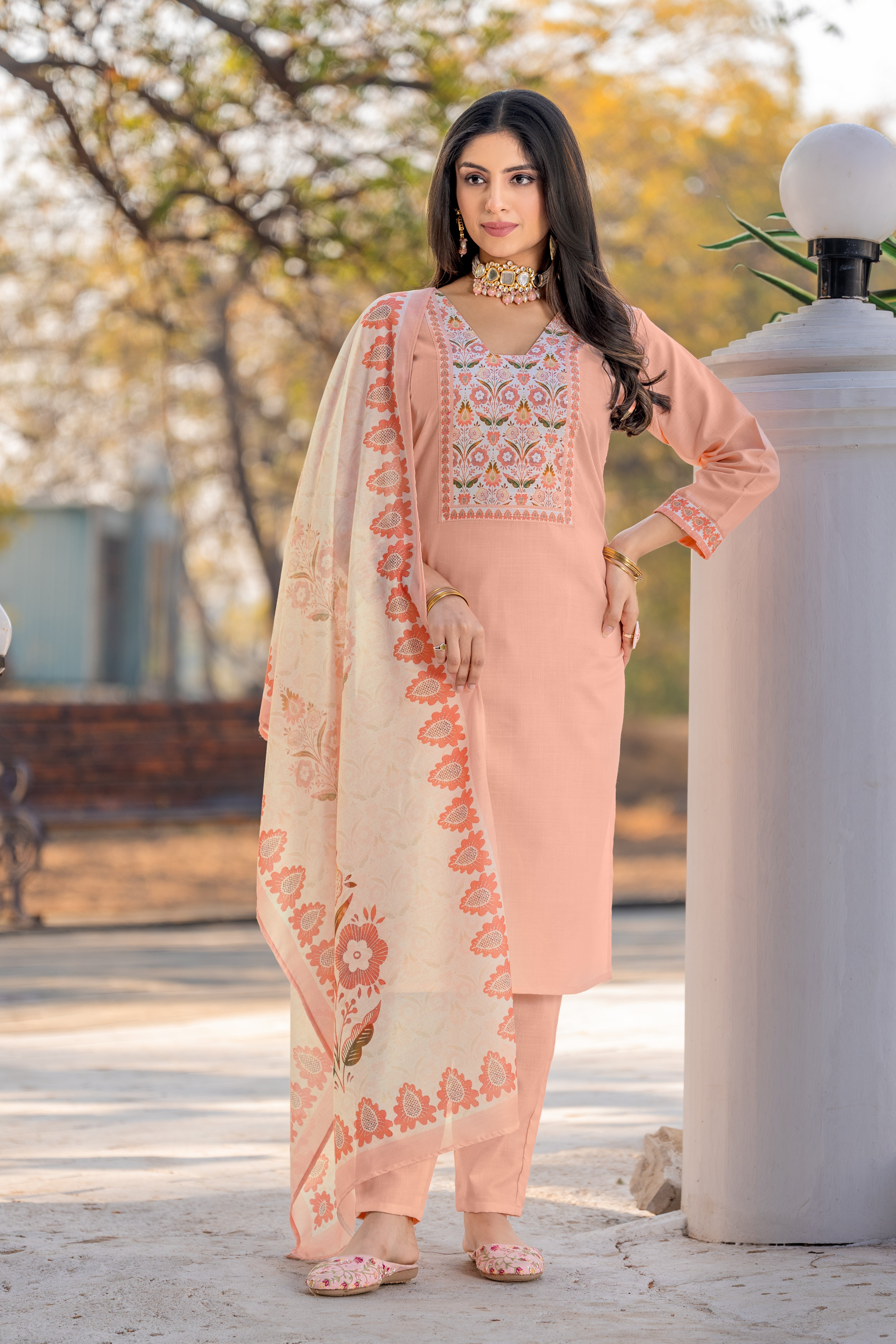 "Cotton Kurta Set with Embroidered Patch Work & Printed Mal Cotton Dupatta"