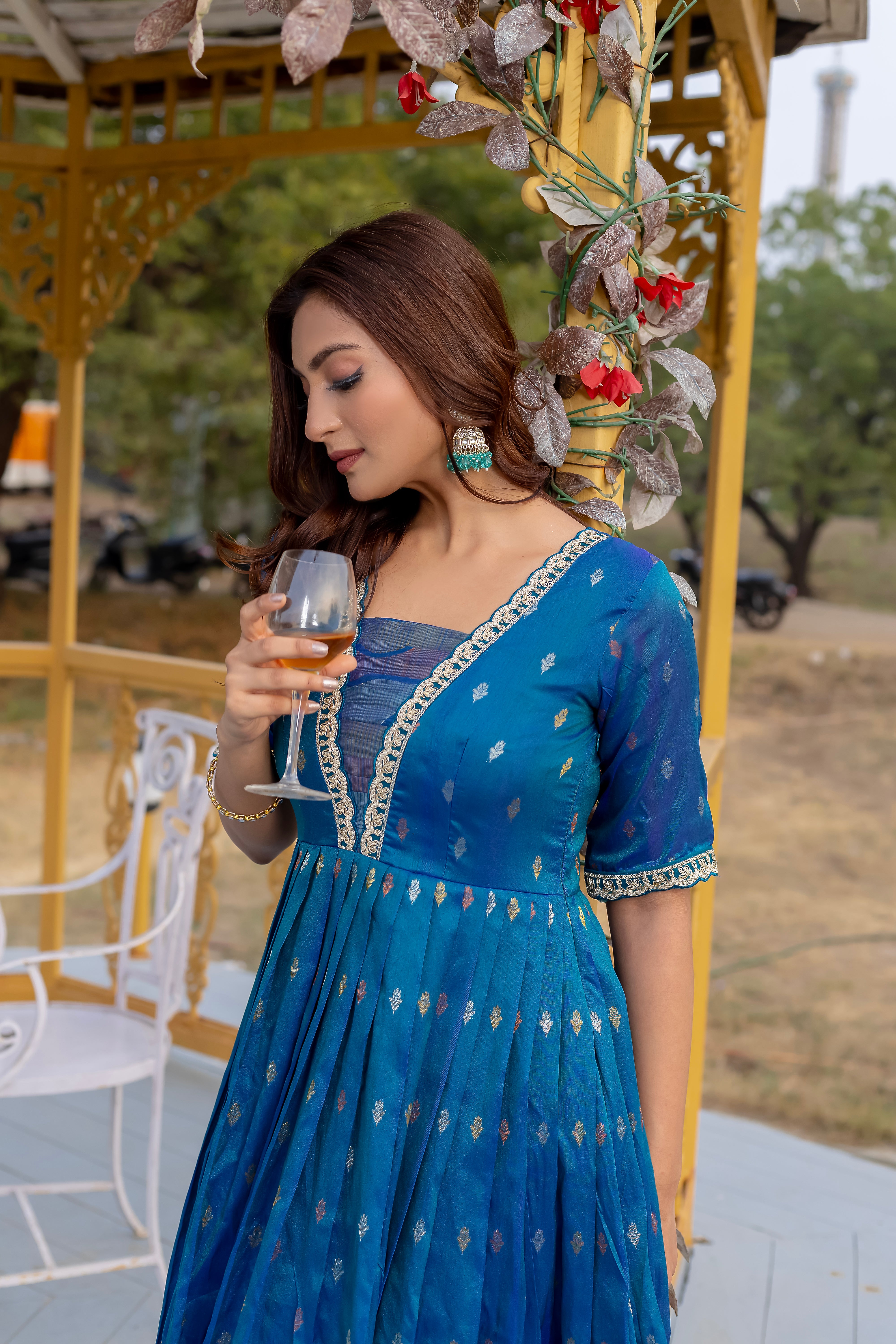 Silk Blend Flared Gown with Zari Butti and Embroidered Lace