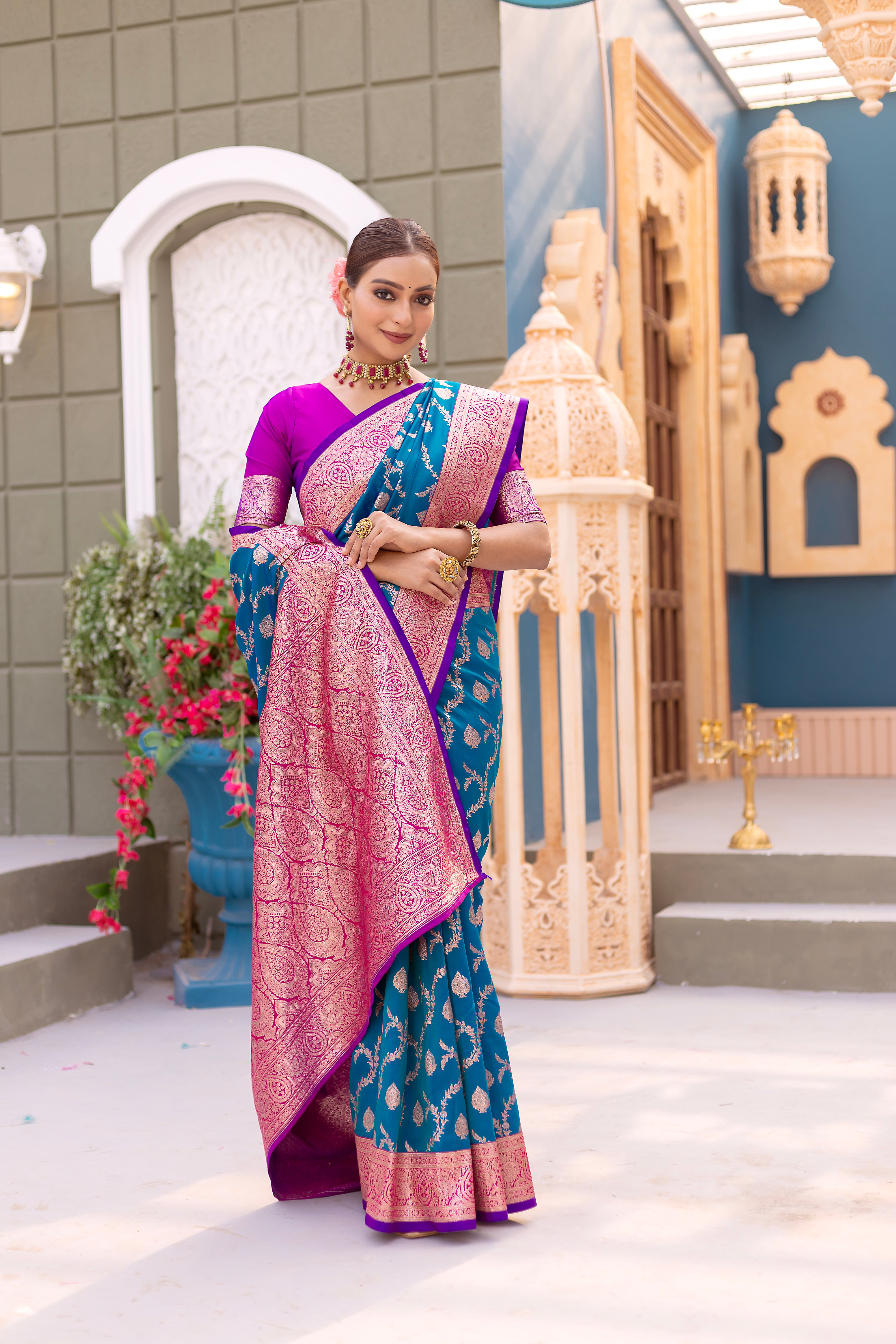 Premium Banarasi Semi Satin Silk Saree with Contrast Blouse