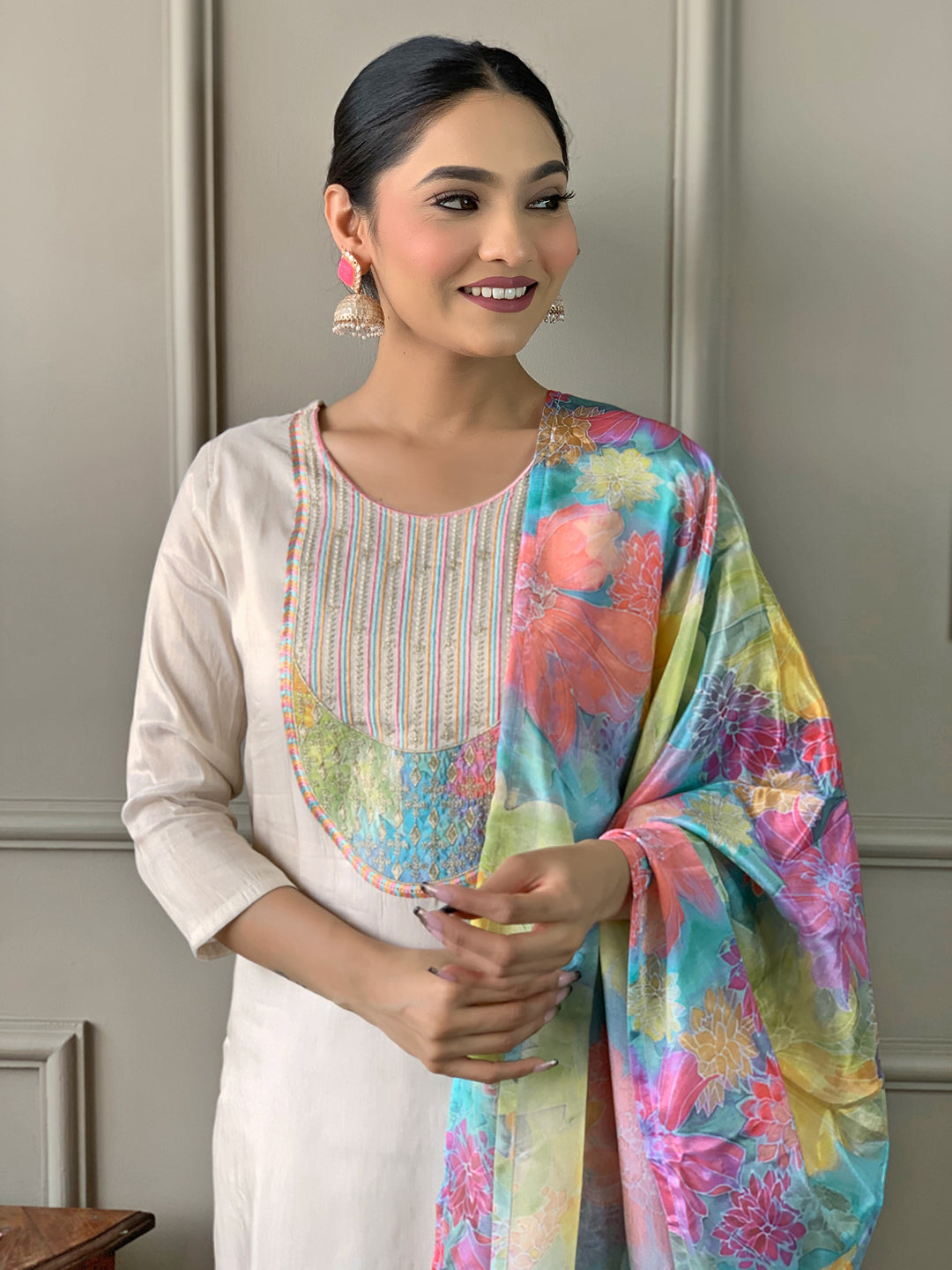 "Premium Viscose Simmer 3-Piece Suit – Embroidered Kurti with Chinon Dupatta"