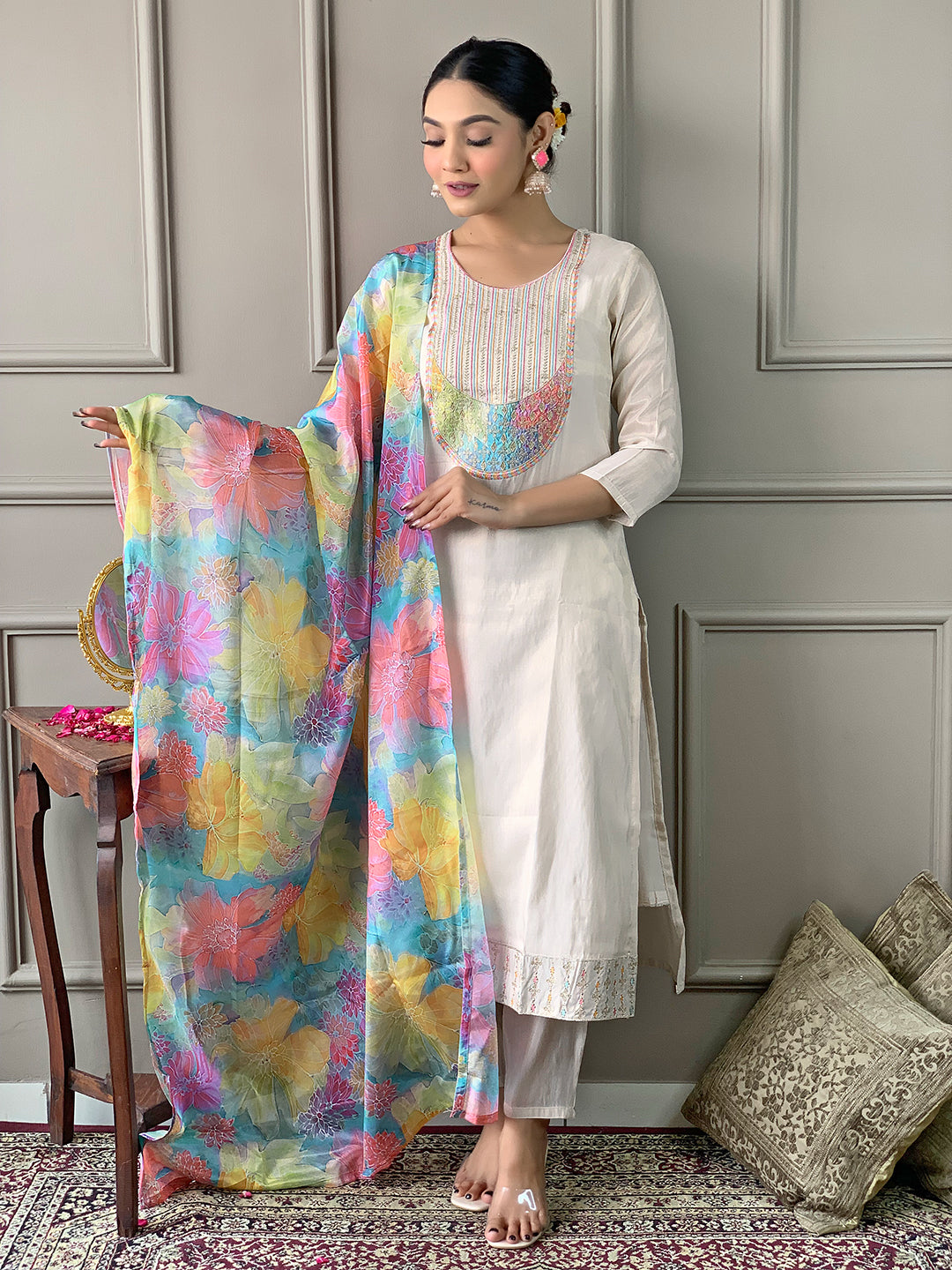 "Premium Viscose Simmer 3-Piece Suit – Embroidered Kurti with Chinon Dupatta"