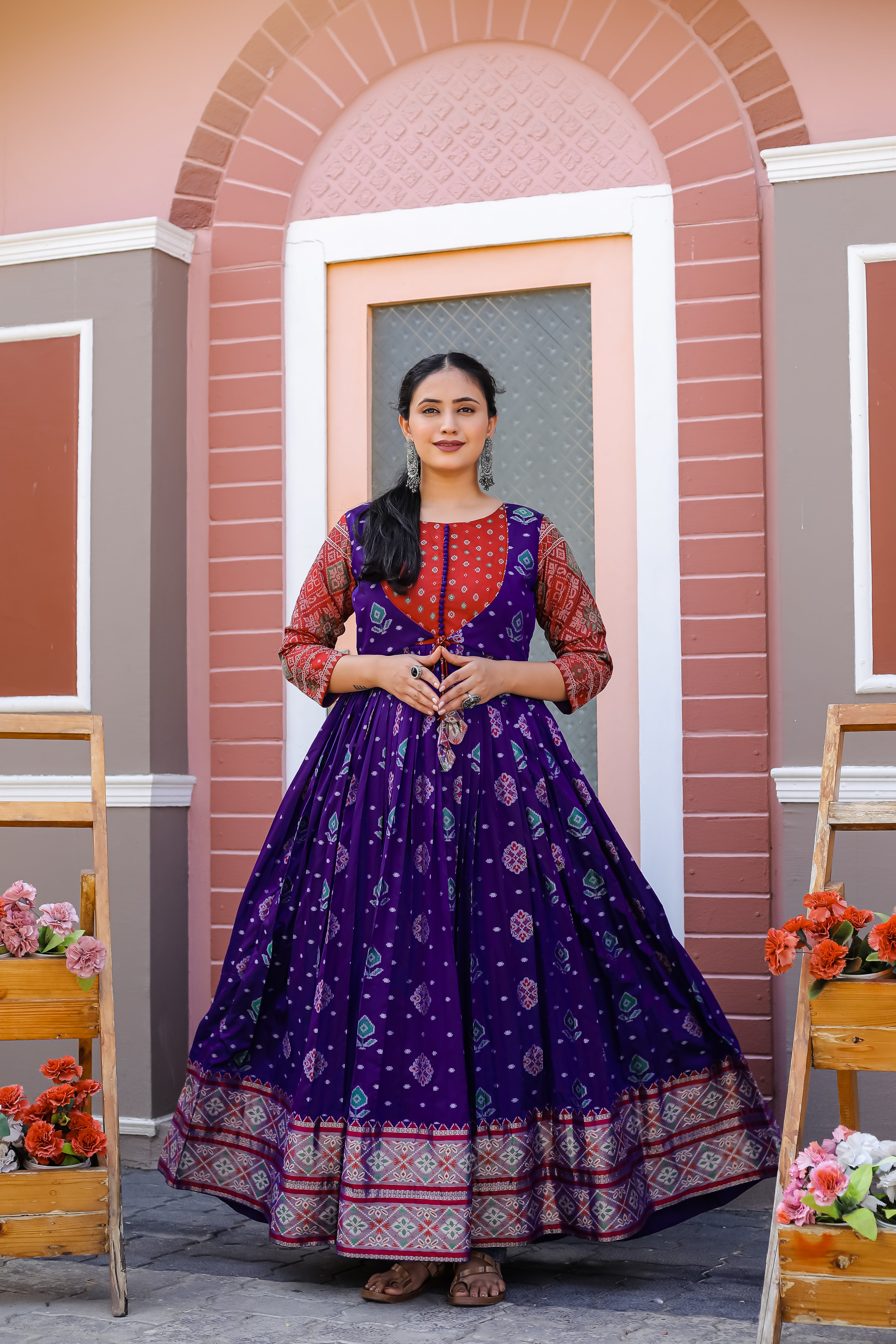 "Elegant Soft Silk Gown with Banarasi Zari Sleeves & Knife Pleated Flair"
