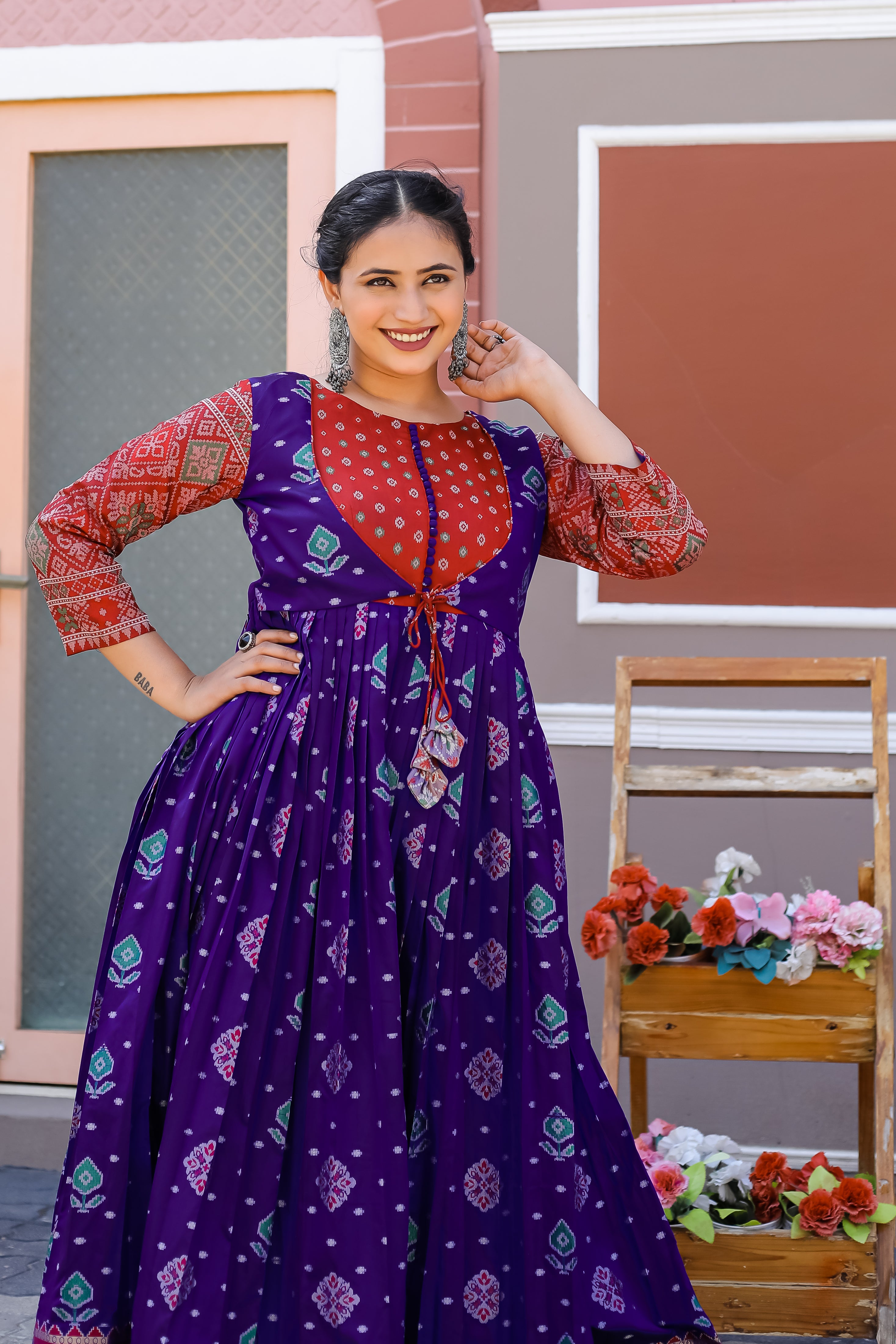 "Elegant Soft Silk Gown with Banarasi Zari Sleeves & Knife Pleated Flair"